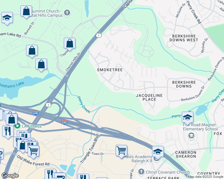 map of restaurants, bars, coffee shops, grocery stores, and more near 4608 Jacqueline Lane in Raleigh