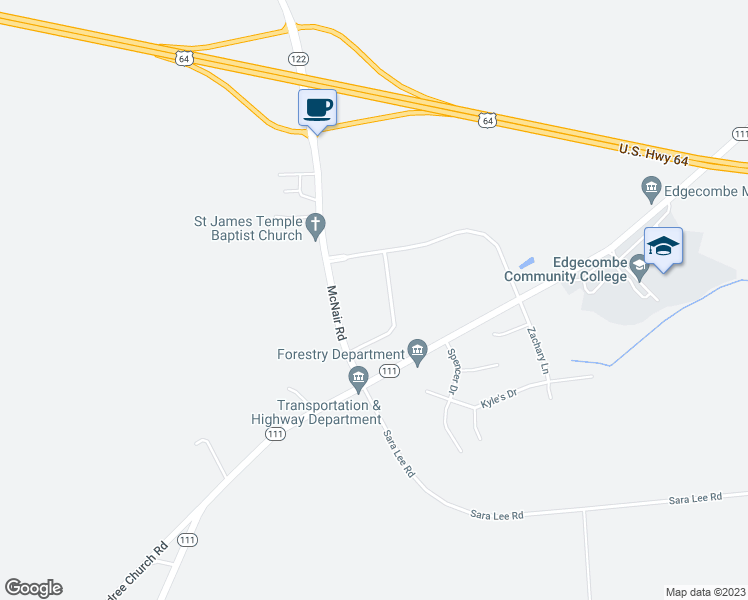 map of restaurants, bars, coffee shops, grocery stores, and more near 4047 McNair Road in Tarboro