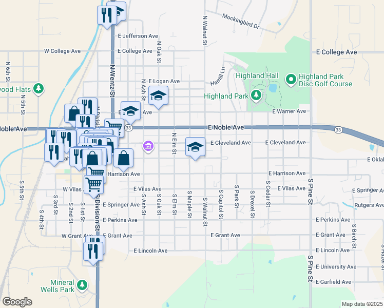 map of restaurants, bars, coffee shops, grocery stores, and more near 110 North Maple Street in Guthrie