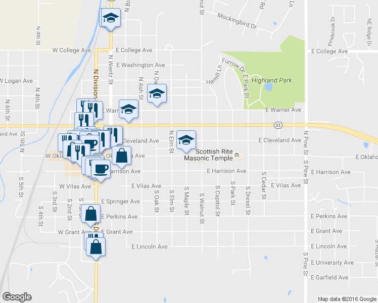 map of restaurants, bars, coffee shops, grocery stores, and more near 110 North Maple Street in Guthrie