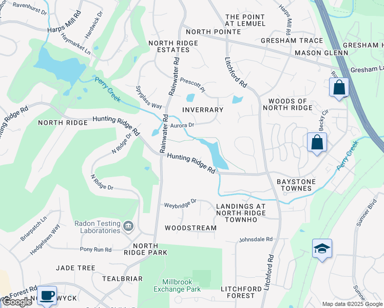 map of restaurants, bars, coffee shops, grocery stores, and more near 7105 Grandview Court in Raleigh