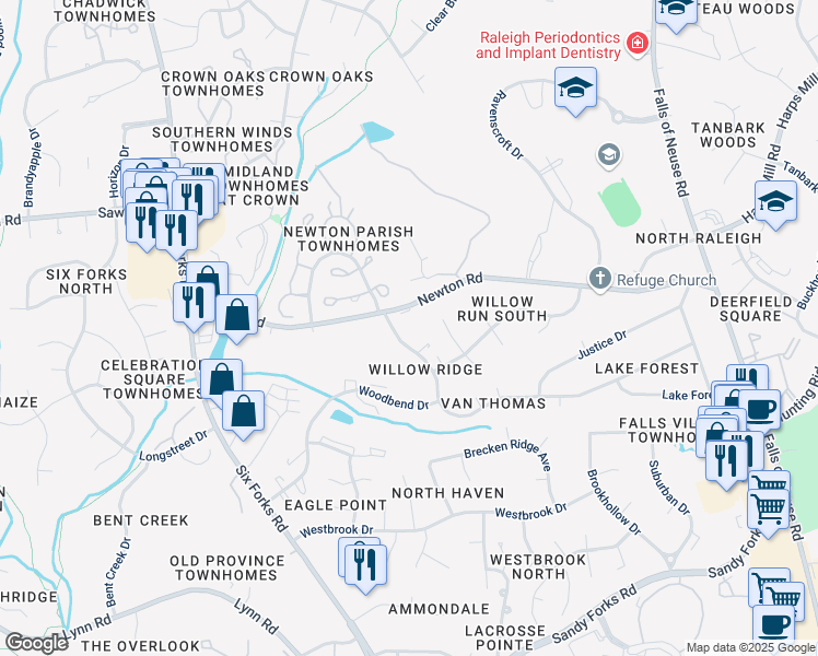 map of restaurants, bars, coffee shops, grocery stores, and more near 600 Newton Road in Raleigh