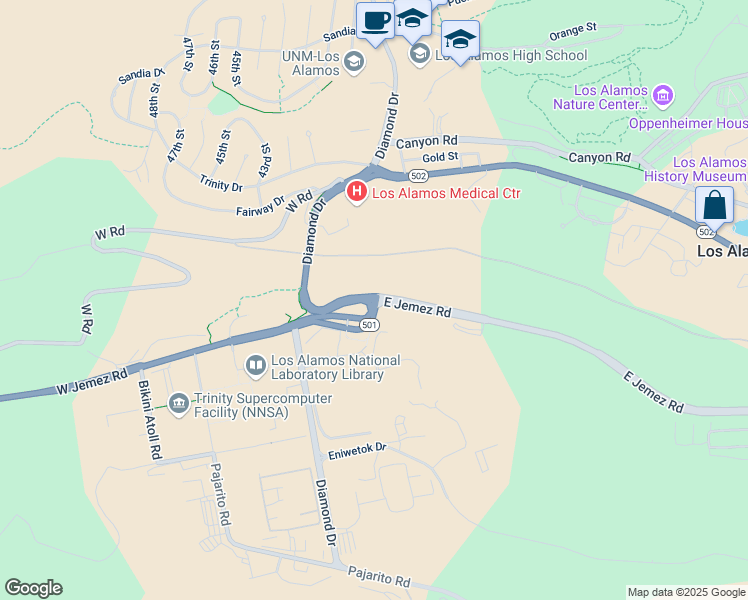 map of restaurants, bars, coffee shops, grocery stores, and more near 3701 East Jemez Road in Los Alamos