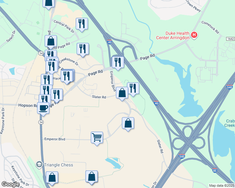 map of restaurants, bars, coffee shops, grocery stores, and more near 4700 Emperor Blvd in Morrisville