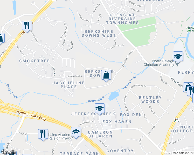 map of restaurants, bars, coffee shops, grocery stores, and more near 7321 Jacqueline Lane in Raleigh