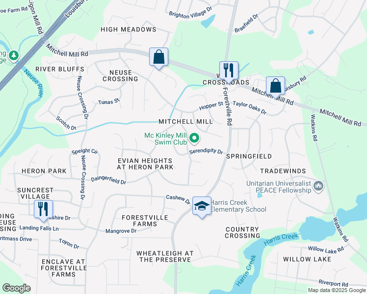 map of restaurants, bars, coffee shops, grocery stores, and more near 3505 Pritchard Court in Raleigh