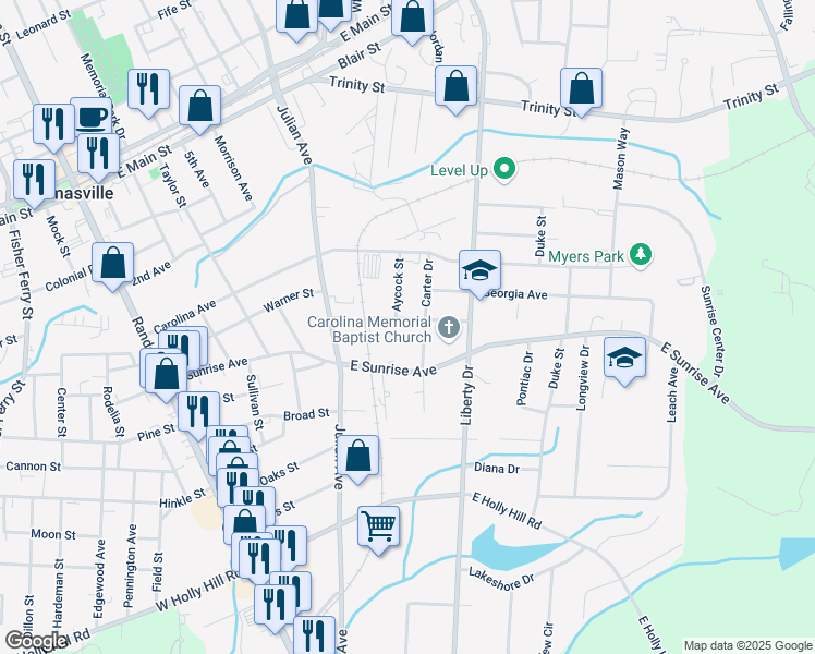map of restaurants, bars, coffee shops, grocery stores, and more near 605 Johnson Street in Thomasville