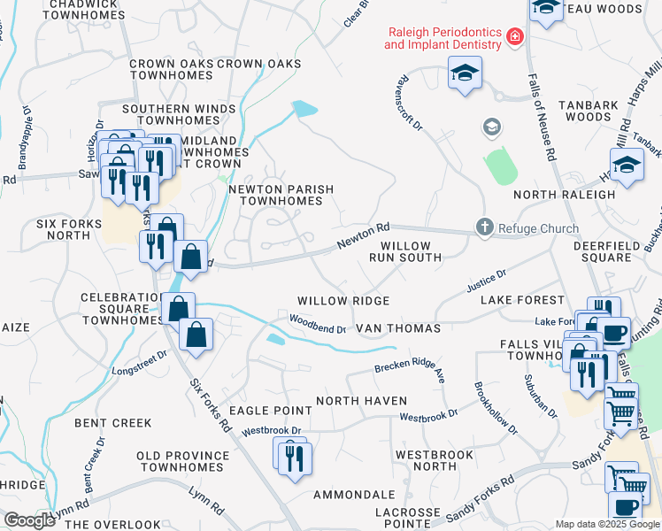 map of restaurants, bars, coffee shops, grocery stores, and more near 600 Newton Road in Raleigh