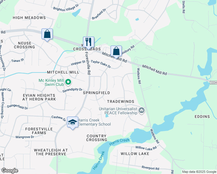 map of restaurants, bars, coffee shops, grocery stores, and more near 3649 Watkins Ridge Court in Raleigh