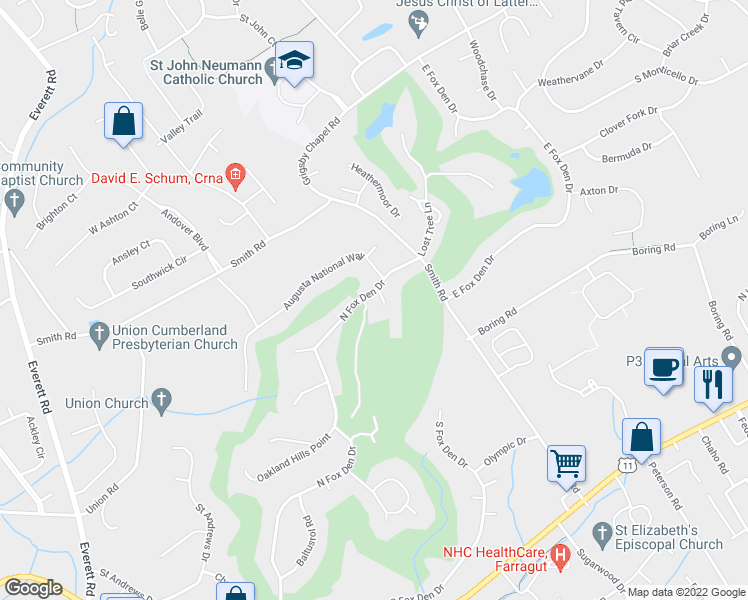 map of restaurants, bars, coffee shops, grocery stores, and more near 12020 North Fox Den Drive in Knoxville