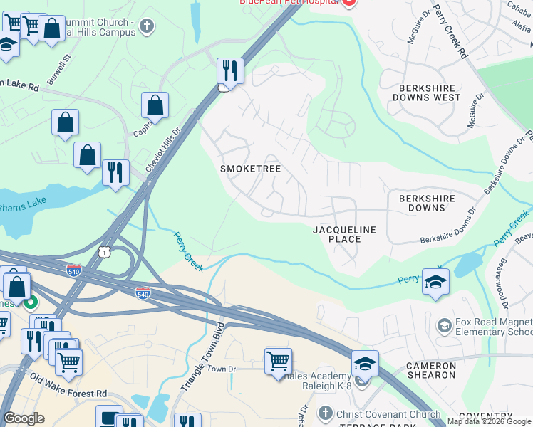 map of restaurants, bars, coffee shops, grocery stores, and more near 4616 Jacqueline Lane in Raleigh