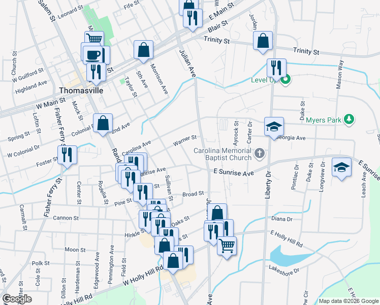 map of restaurants, bars, coffee shops, grocery stores, and more near 315 Woodlawn Street in Thomasville