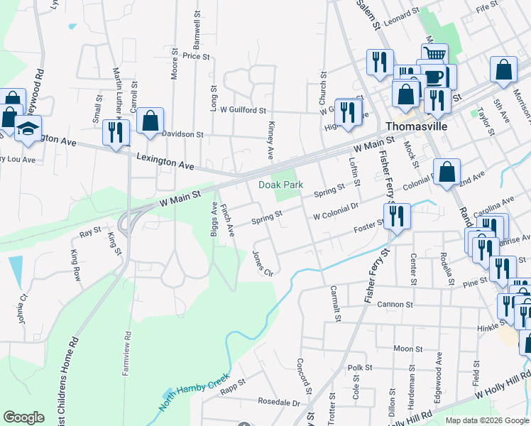 map of restaurants, bars, coffee shops, grocery stores, and more near 318 Spring Street in Thomasville