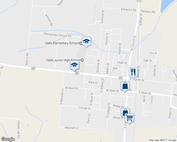 map of restaurants, bars, coffee shops, grocery stores, and more near 622 West Tigrett Street in Halls