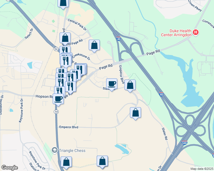 map of restaurants, bars, coffee shops, grocery stores, and more near 1012 Slater Road in Morrisville