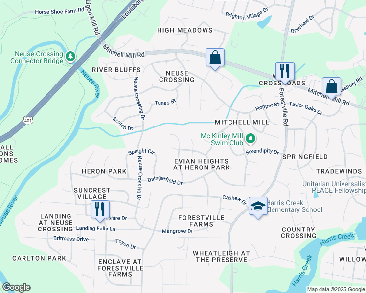 map of restaurants, bars, coffee shops, grocery stores, and more near 3500 Ribcowski Court in Raleigh