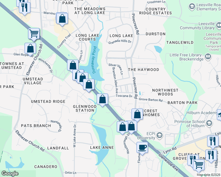 map of restaurants, bars, coffee shops, grocery stores, and more near 5641 Berry Creek Circle in Raleigh