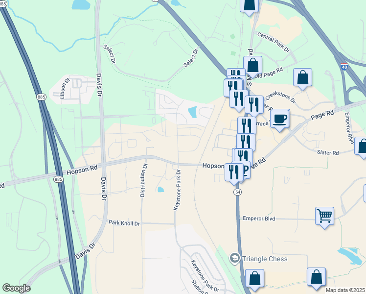map of restaurants, bars, coffee shops, grocery stores, and more near 4701 Hopson Rd in Morrisville