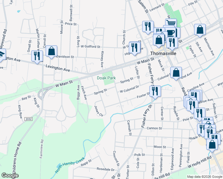 map of restaurants, bars, coffee shops, grocery stores, and more near 305 Spring Street in Thomasville