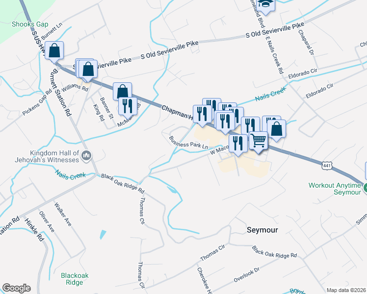 map of restaurants, bars, coffee shops, grocery stores, and more near 154 West Macon Lane in Seymour