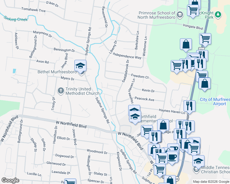 map of restaurants, bars, coffee shops, grocery stores, and more near 509 Rohan Drive in Murfreesboro