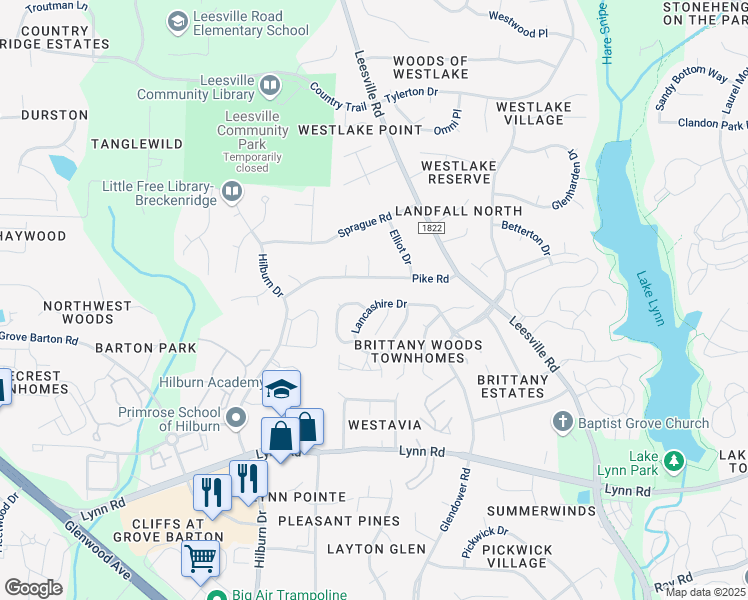 map of restaurants, bars, coffee shops, grocery stores, and more near 4808 Lancashire Drive in Raleigh