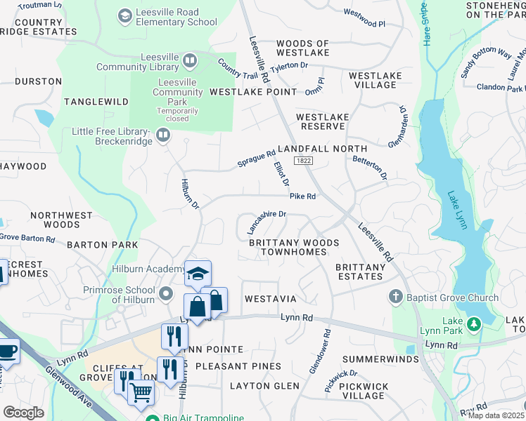 map of restaurants, bars, coffee shops, grocery stores, and more near 4808 Lancashire Drive in Raleigh