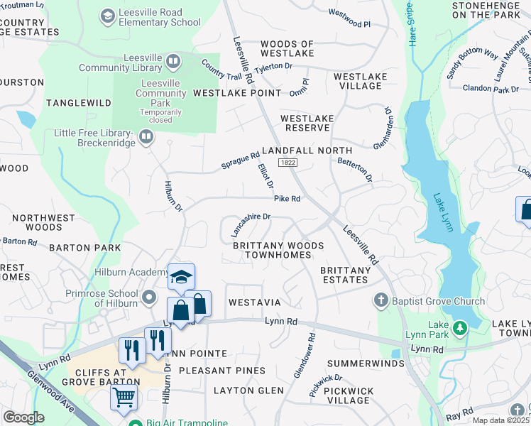 map of restaurants, bars, coffee shops, grocery stores, and more near 4704 Lancashire Drive in Raleigh