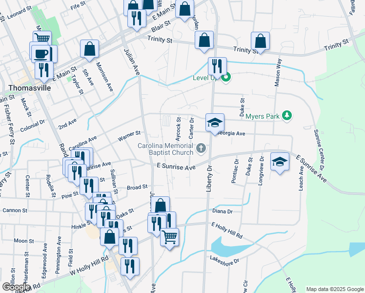 map of restaurants, bars, coffee shops, grocery stores, and more near 605 Johnson Street in Thomasville