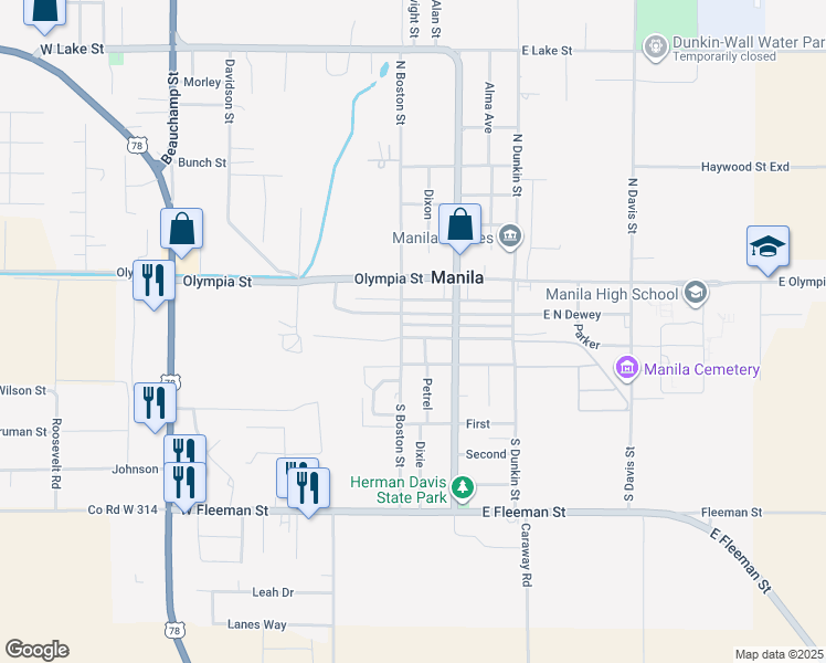 map of restaurants, bars, coffee shops, grocery stores, and more near 211 South Dewey in Manila
