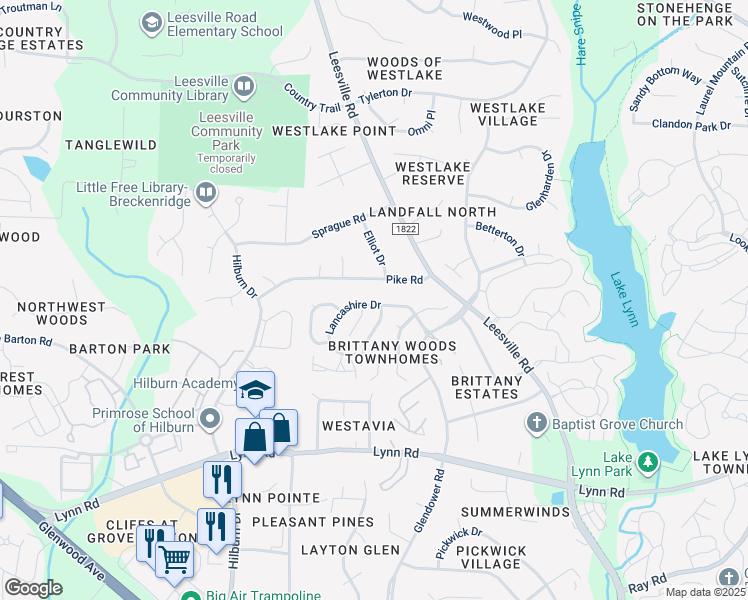 map of restaurants, bars, coffee shops, grocery stores, and more near 4704 Lancashire Drive in Raleigh