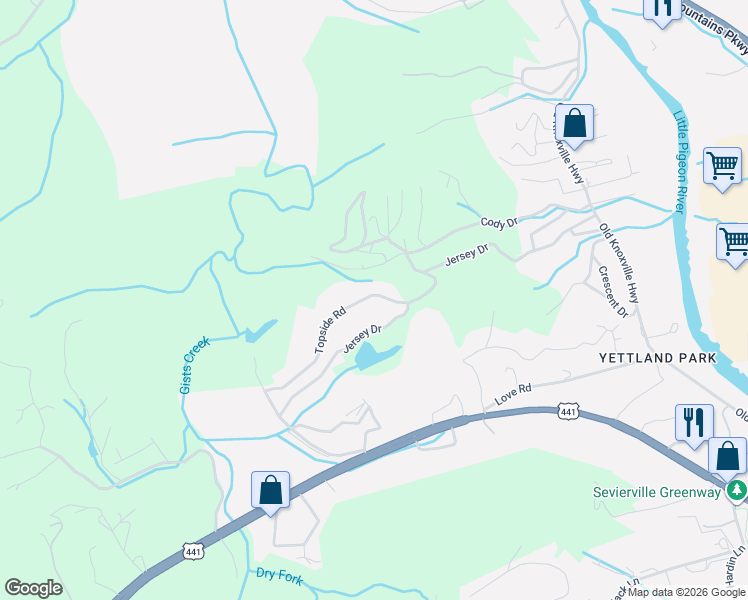 map of restaurants, bars, coffee shops, grocery stores, and more near 909 Topside Road in Sevierville