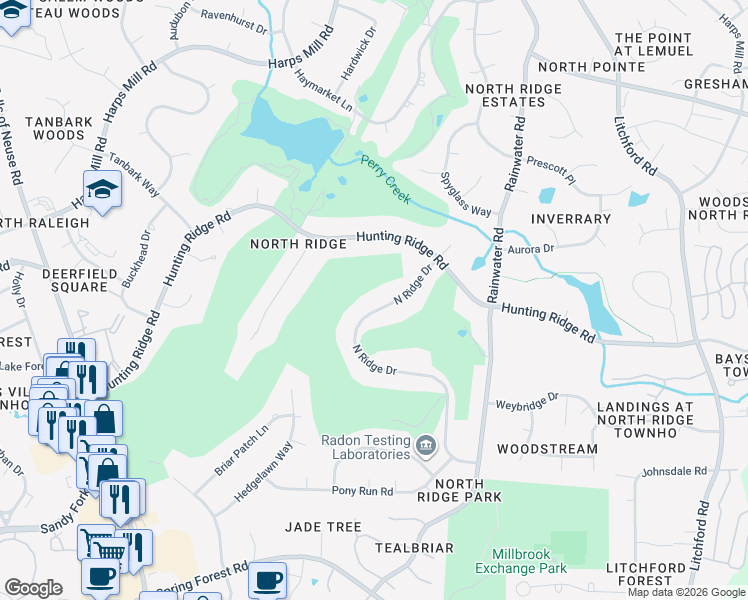 map of restaurants, bars, coffee shops, grocery stores, and more near 7121 North Ridge Drive in Raleigh