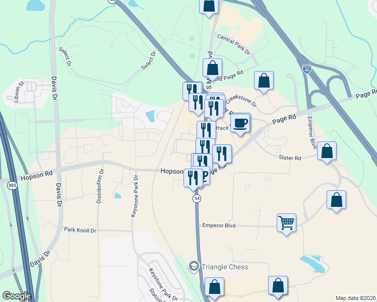 map of restaurants, bars, coffee shops, grocery stores, and more near 5472 South Miami Boulevard in Durham