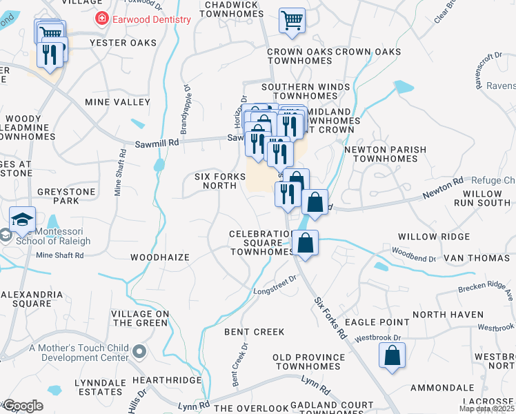 map of restaurants, bars, coffee shops, grocery stores, and more near 7504 Idolbrook Lane in Raleigh