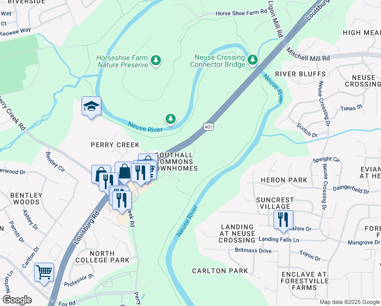 map of restaurants, bars, coffee shops, grocery stores, and more near 8007 River Water Court in Raleigh