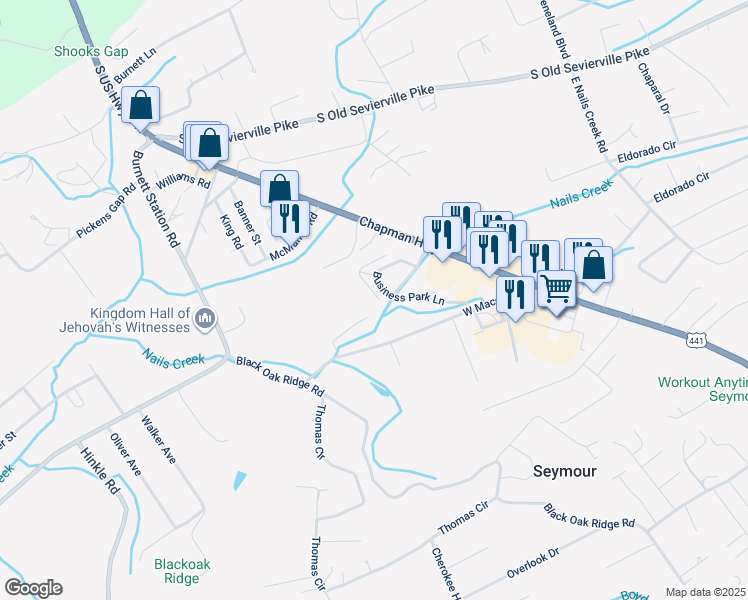 map of restaurants, bars, coffee shops, grocery stores, and more near 105 Creekwood Way in Seymour