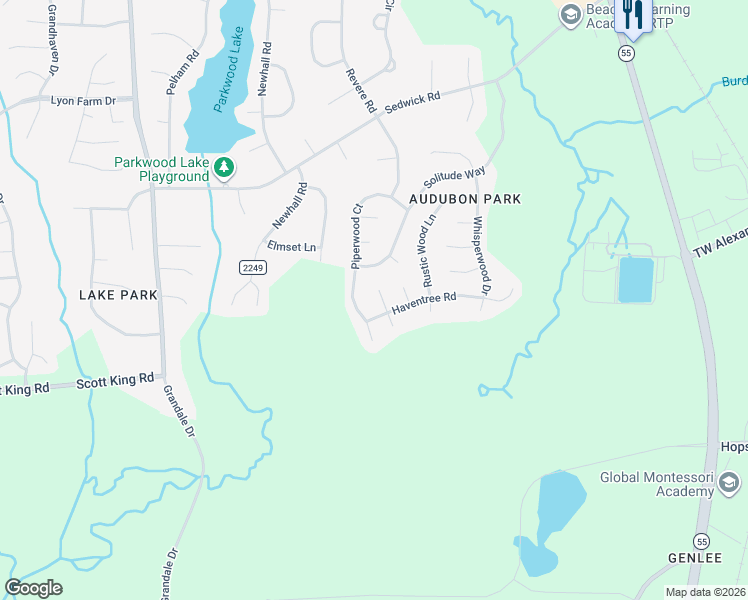 map of restaurants, bars, coffee shops, grocery stores, and more near 6 Silverwood Court in Durham