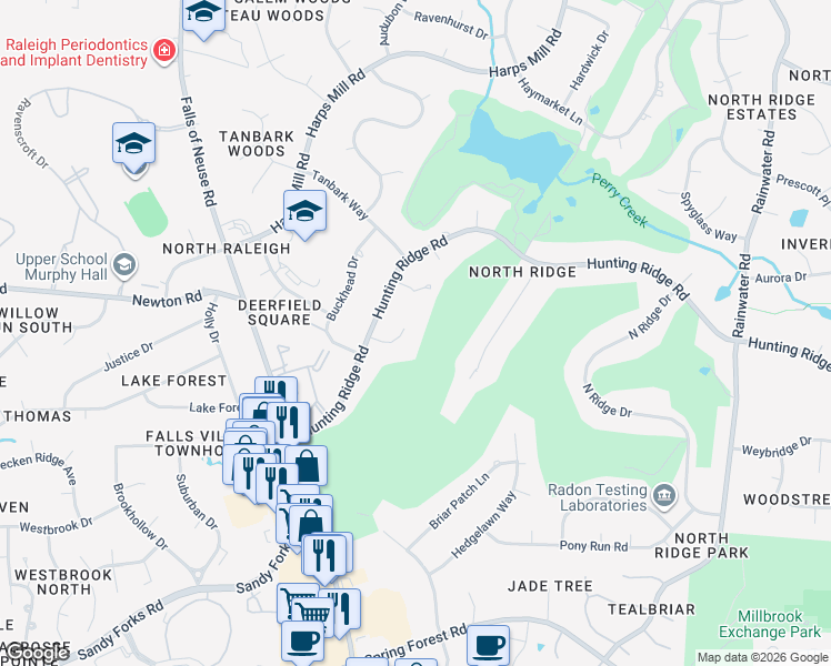 map of restaurants, bars, coffee shops, grocery stores, and more near 1212 Barcroft Place in Raleigh