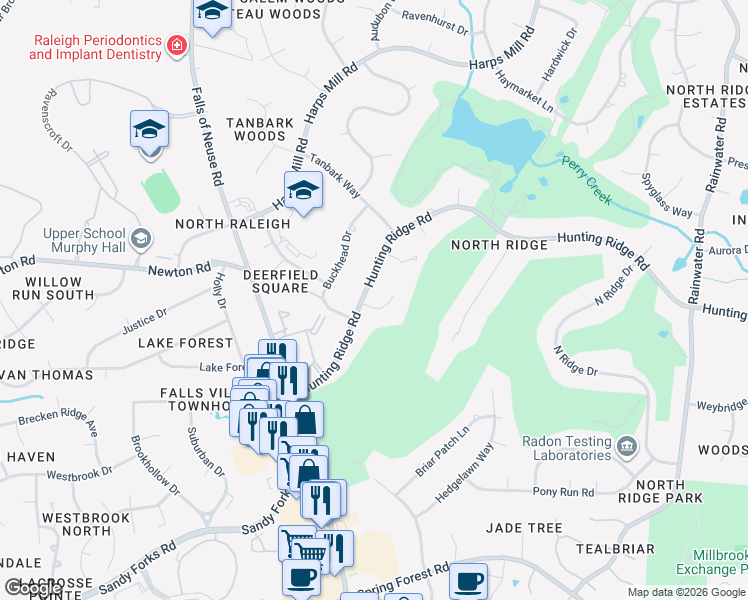 map of restaurants, bars, coffee shops, grocery stores, and more near 1207 Barcroft Place in Raleigh