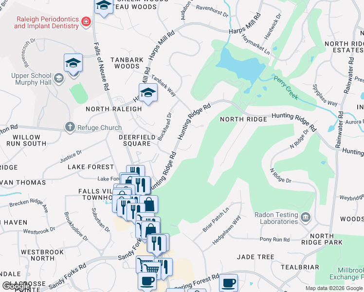 map of restaurants, bars, coffee shops, grocery stores, and more near 1207 Barcroft Place in Raleigh