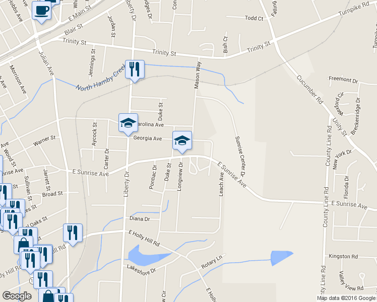 map of restaurants, bars, coffee shops, grocery stores, and more near 906 East Sunrise Avenue in Thomasville