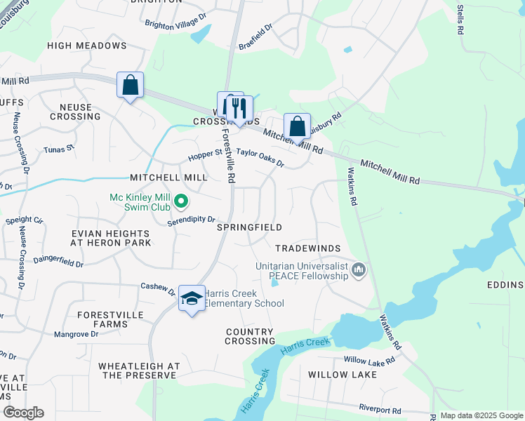 map of restaurants, bars, coffee shops, grocery stores, and more near 4130 Springfield Creek Drive in Raleigh