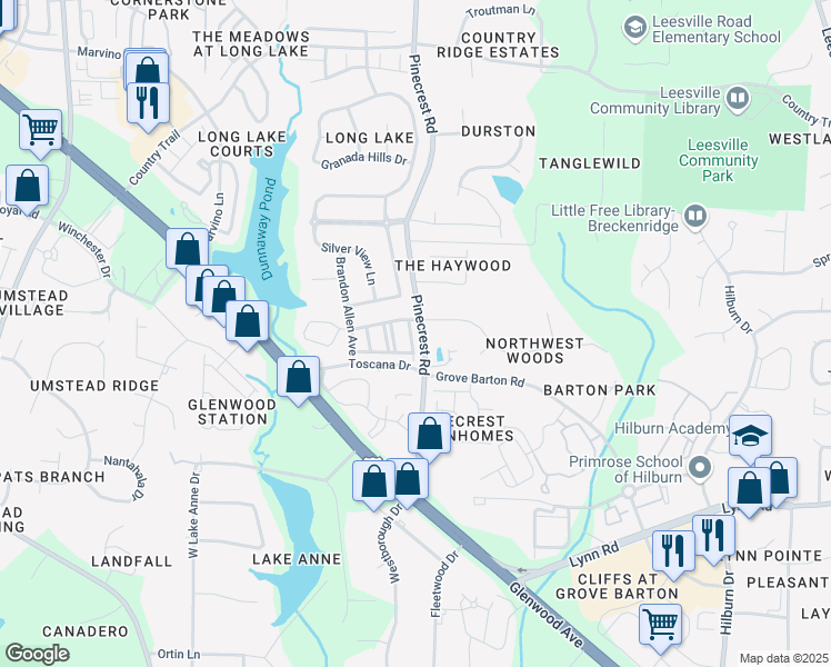 map of restaurants, bars, coffee shops, grocery stores, and more near 7240 Galon Glen Road in Raleigh