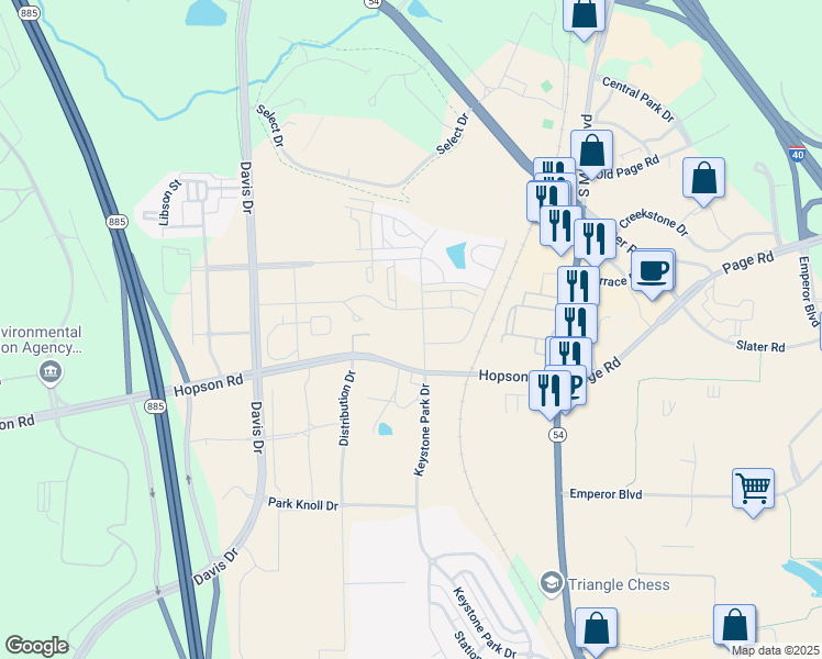 map of restaurants, bars, coffee shops, grocery stores, and more near 4701 Hopson Road in Morrisville