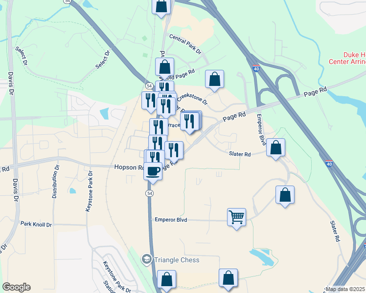 map of restaurants, bars, coffee shops, grocery stores, and more near 5416 Page Road in Durham