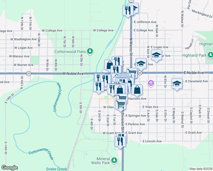 map of restaurants, bars, coffee shops, grocery stores, and more near 113 North 2nd Street in Guthrie