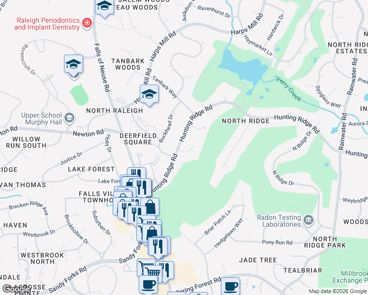 map of restaurants, bars, coffee shops, grocery stores, and more near 1207 Barcroft Place in Raleigh