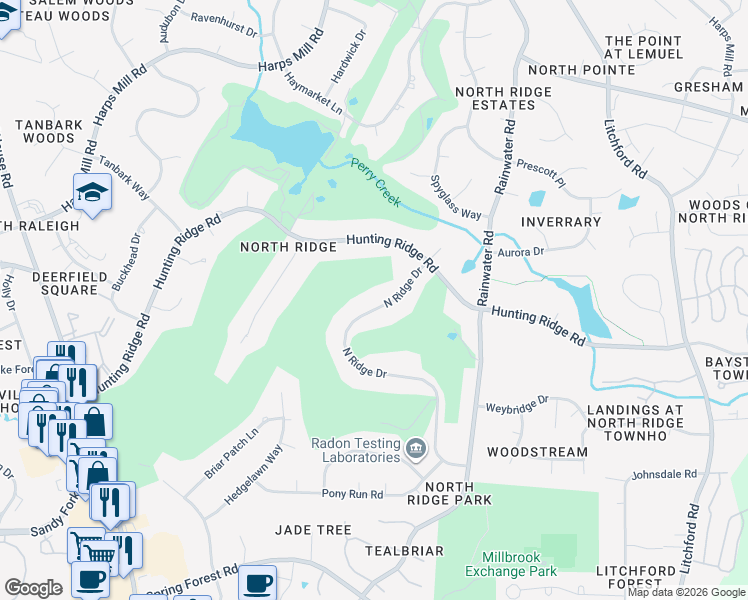 map of restaurants, bars, coffee shops, grocery stores, and more near 7121 North Ridge Drive in Raleigh