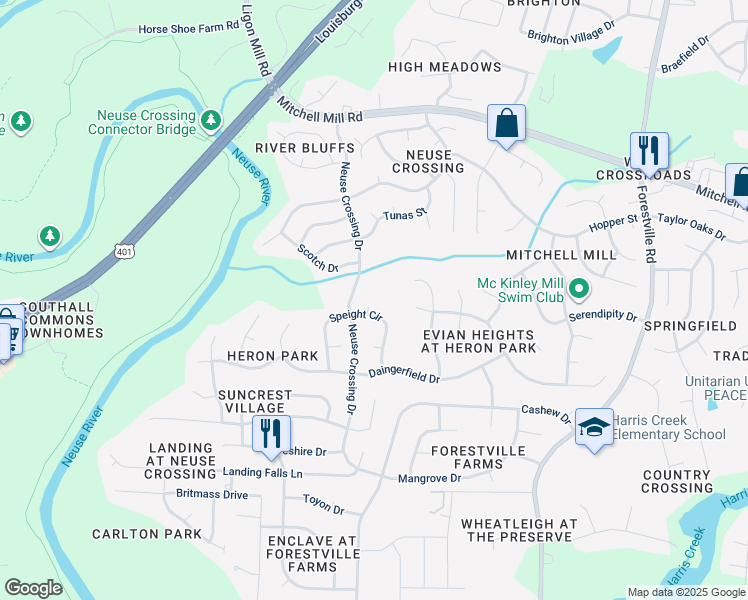 map of restaurants, bars, coffee shops, grocery stores, and more near 6708 Folinsbee Court in Raleigh